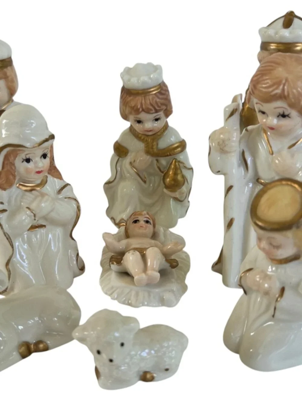Vintage JAPAN Porcelain Nativity Set 9 pc Hand Painted White & Gold 1990's